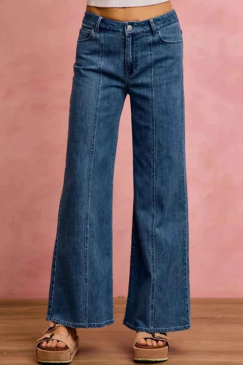 Seam Detail Mid Rise Stretch Denim Jeans by So Me