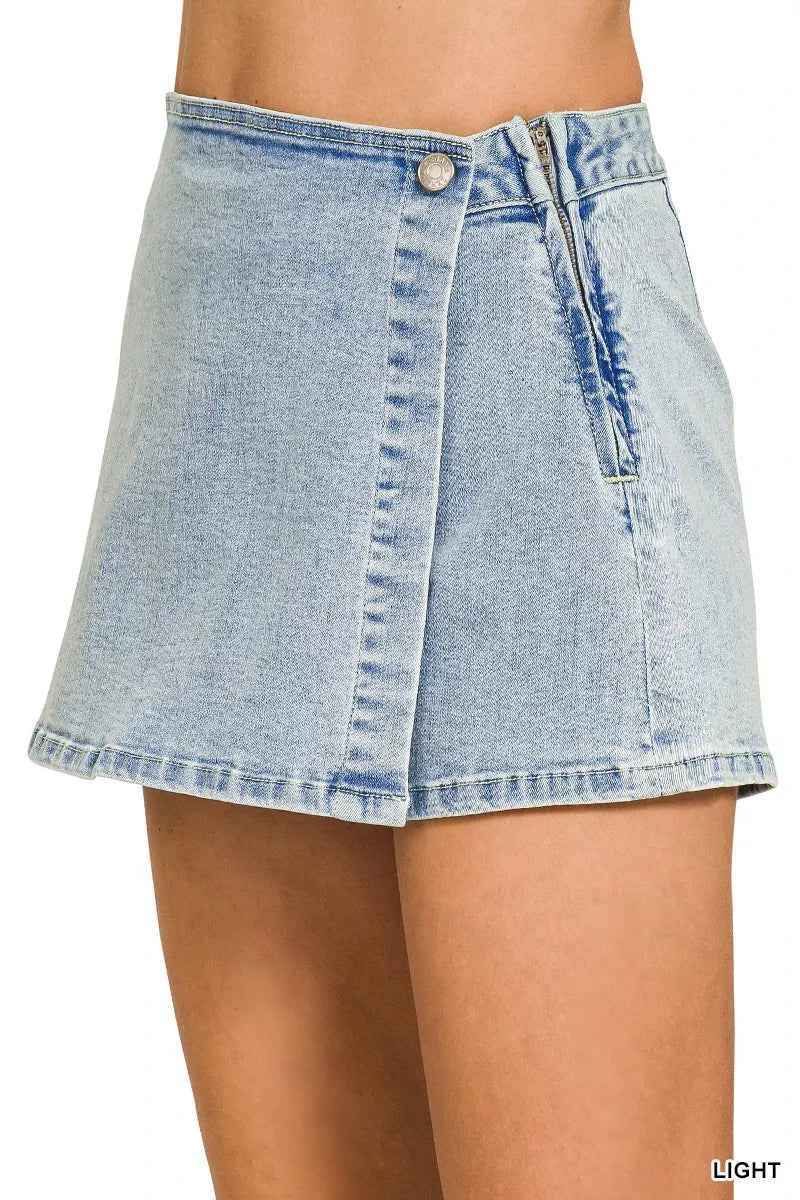 Light Wash Denim Wrap Skort with Button Detail by Zenana