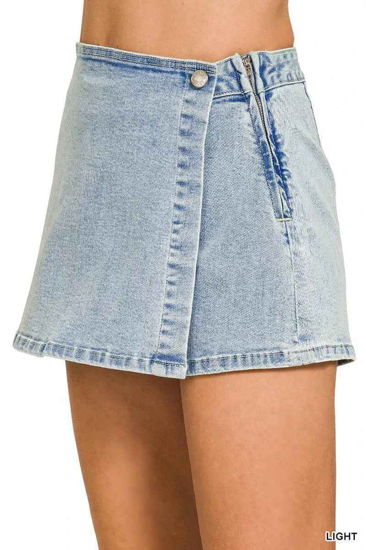 Light Wash Denim Wrap Skort with Button Detail by Zenana