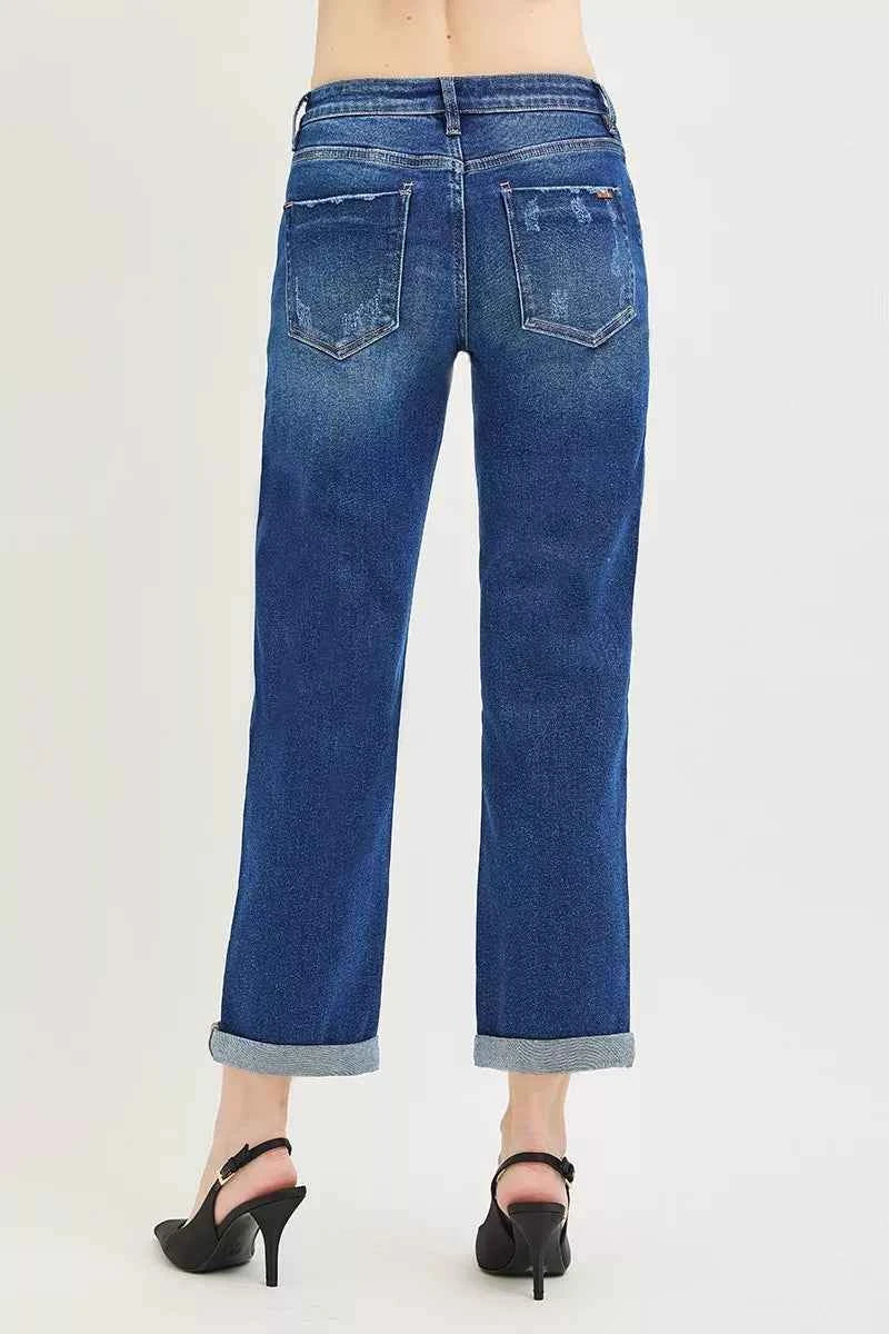 Slouchy Cropped Boyfriend Jeans with Cuffed Hem by Risen