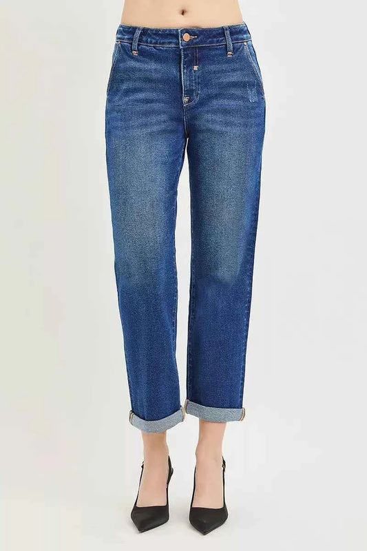 Slouchy Cropped Boyfriend Jeans with Cuffed Hem by Risen