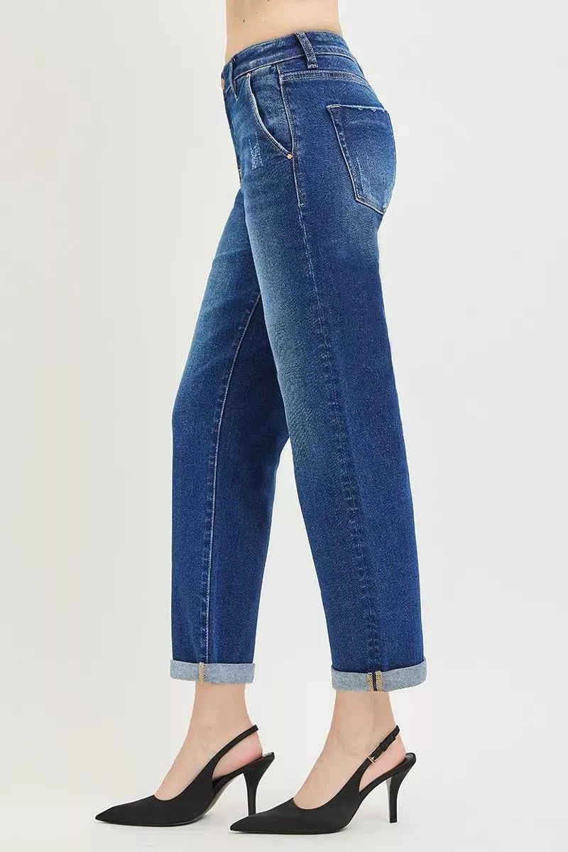 Slouchy Cropped Boyfriend Jeans with Cuffed Hem by Risen