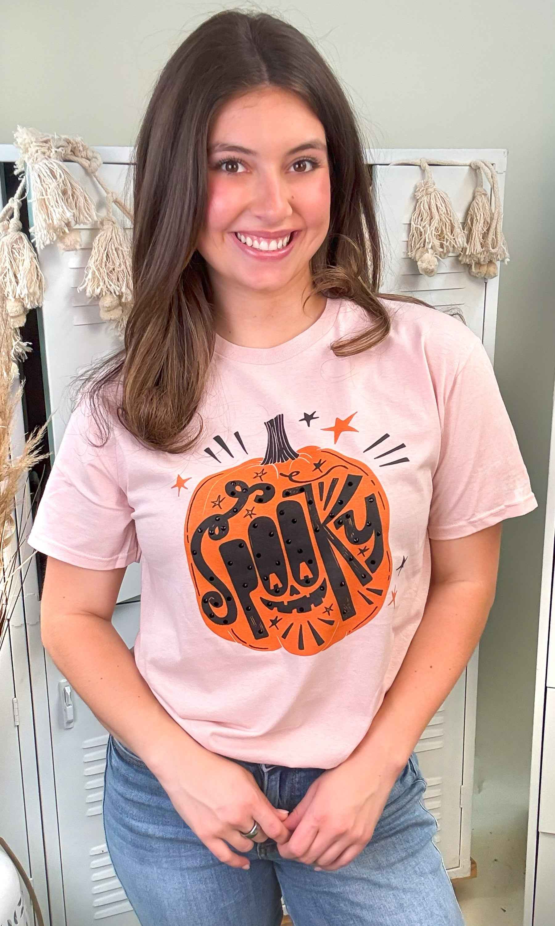Spooky Pumpkin Rhinestone Graphic T-Shirt