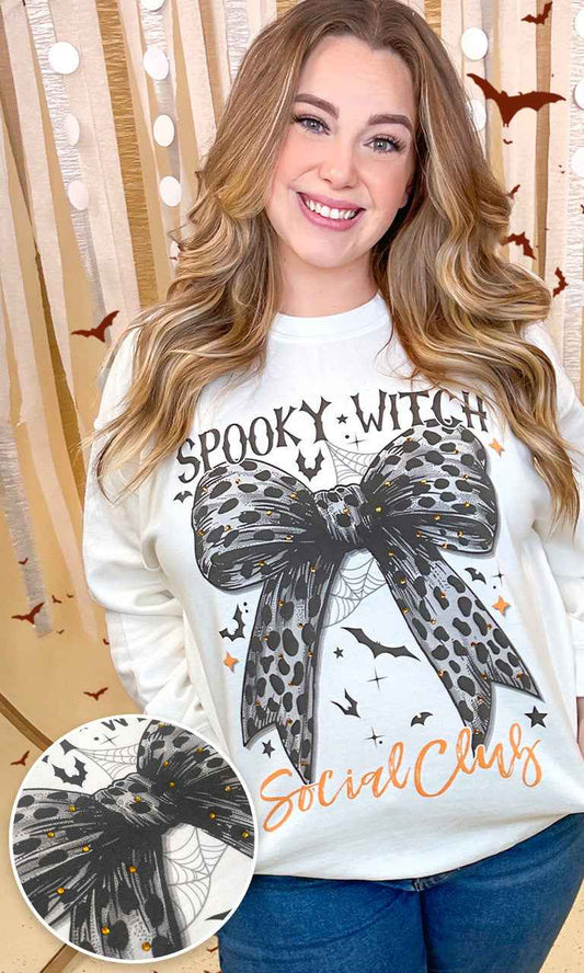 Spooky Witch Social Club Cheetah Bow Rhinestone Graphic Sweatshirt