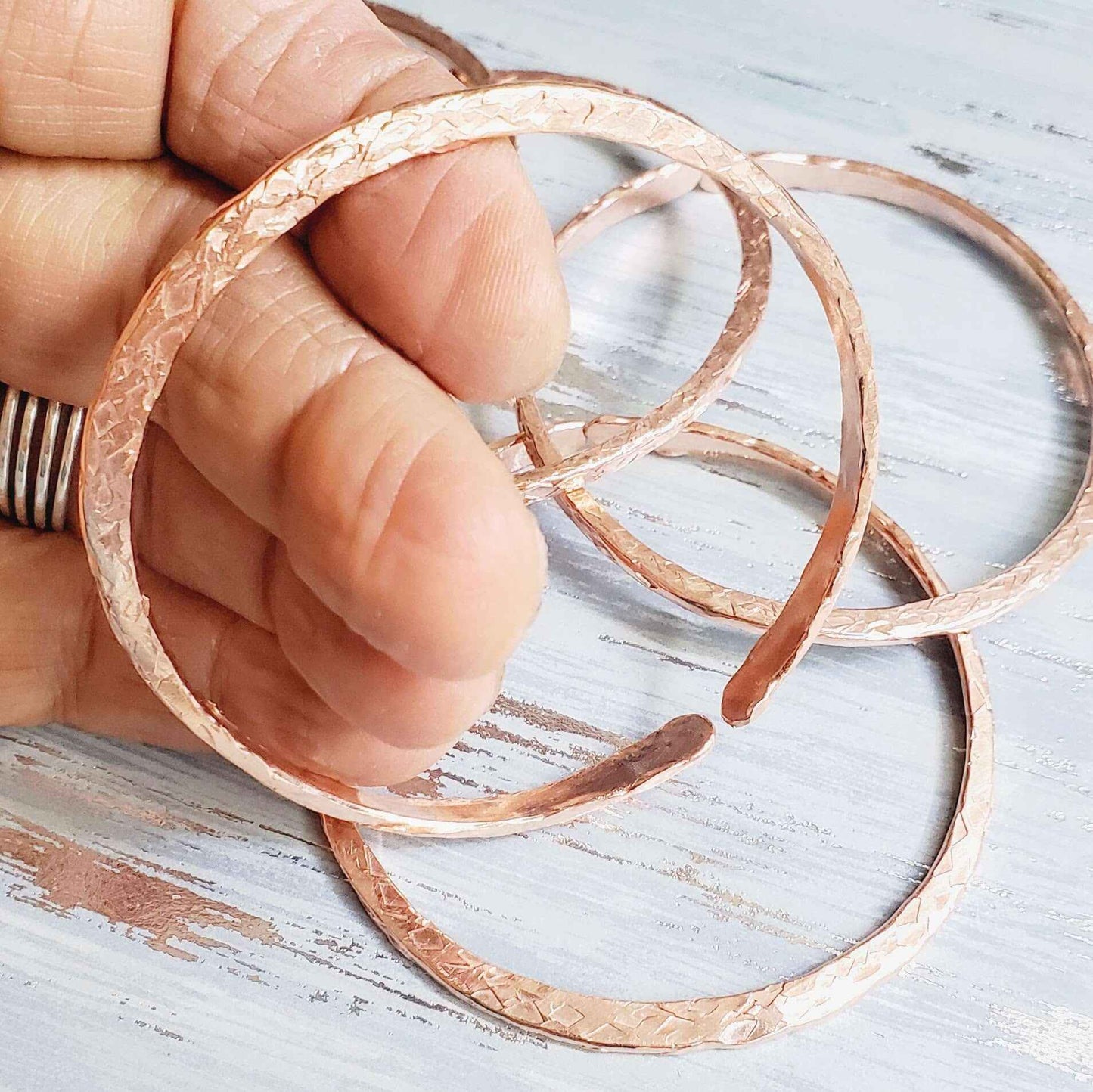 Stackable Copper Hammered Open Double Canted Angle Bangles