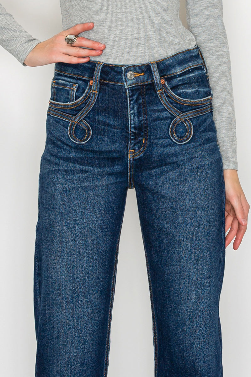 High Rise Ankle Straight Jeans - Western Detail Design