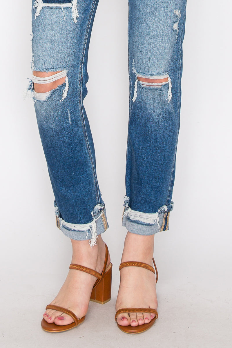 Mesh Tummy Control High Rise Straight With Single Cuff Jeans