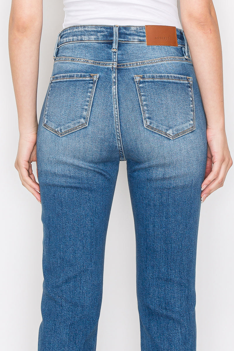 Mesh Tummy Control High Rise Straight With Single Cuff Jeans