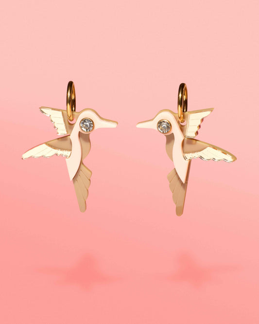 Hummingbird Hoop Earrings Beige + Gold