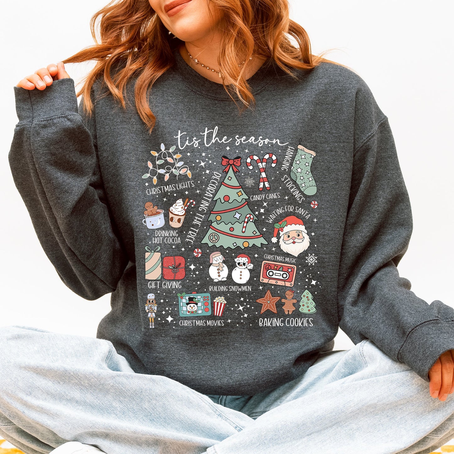 Tis The Season, Christmas, Cute, Trendy, Santa, Tree, Snowman, Cookies, Gifts Sweatshirt