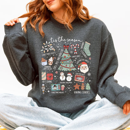 Tis The Season, Christmas, Cute, Trendy, Santa, Tree, Snowman, Cookies, Gifts Sweatshirt