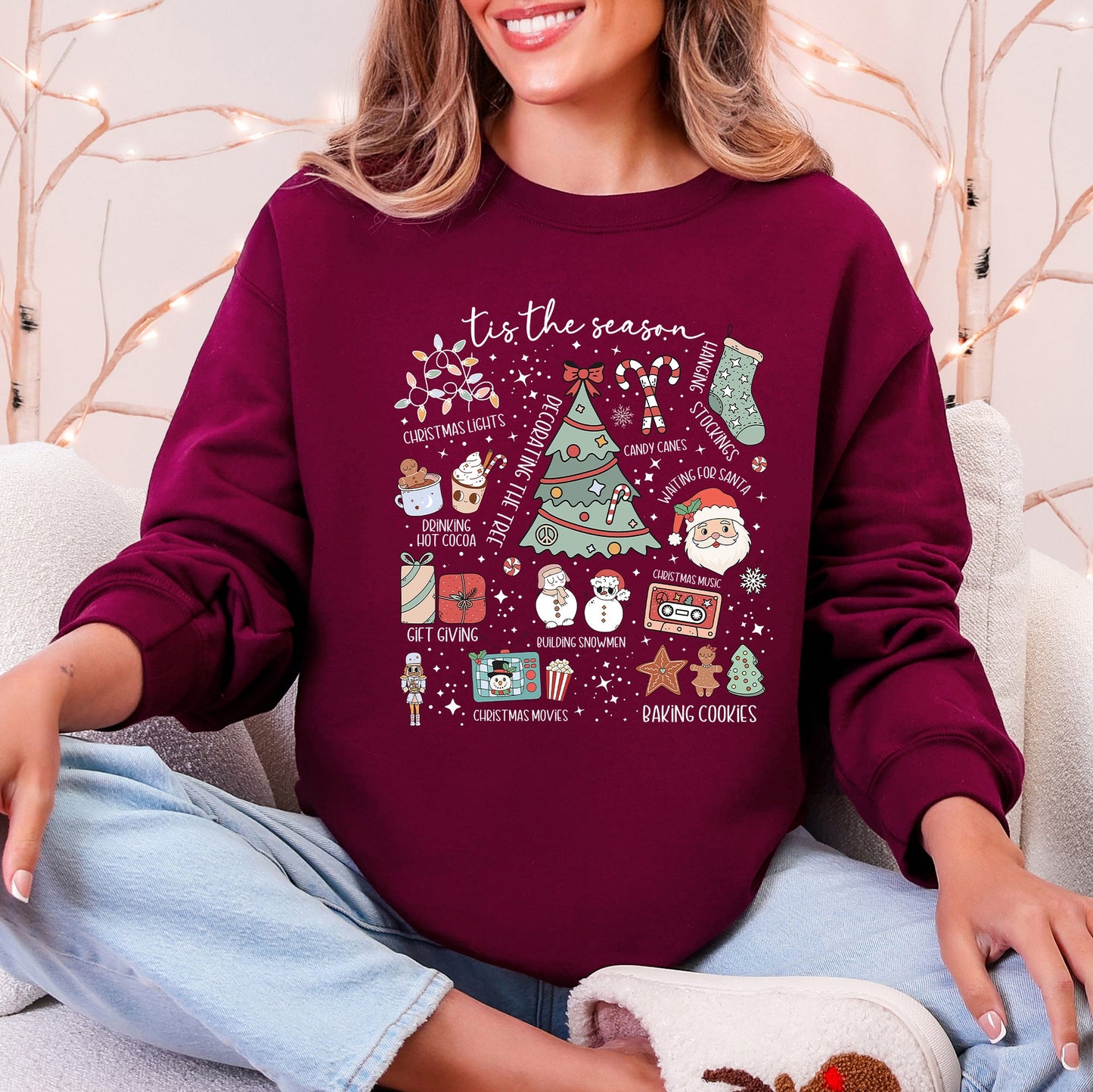 Tis The Season, Christmas, Cute, Trendy, Santa, Tree, Snowman, Cookies, Gifts Sweatshirt