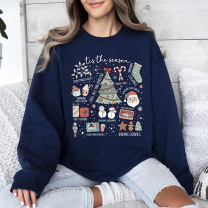 Tis The Season, Christmas, Cute, Trendy, Santa, Tree, Snowman, Cookies, Gifts Sweatshirt