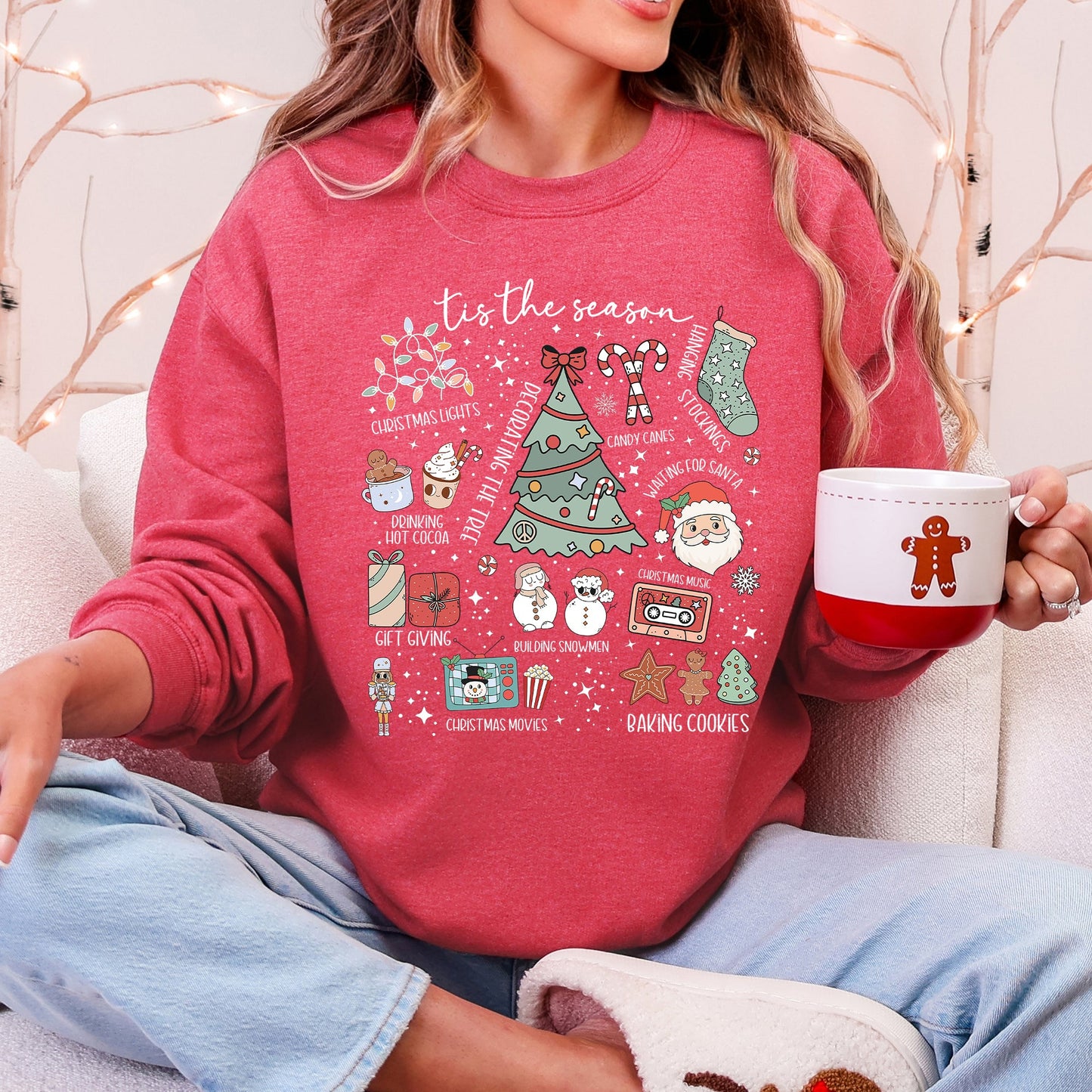 Tis The Season, Christmas, Cute, Trendy, Santa, Tree, Snowman, Cookies, Gifts Sweatshirt