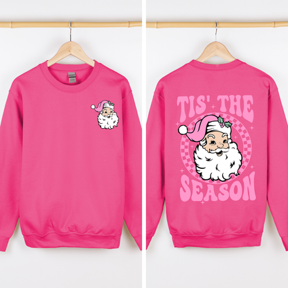 Tis The Season, Retro Santa, Pink, Checkered, Christmas, Front and Back Sweatshirt