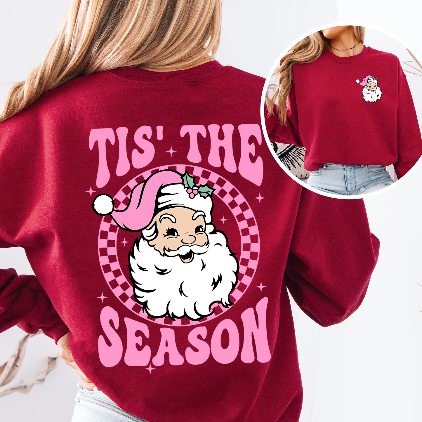 Tis The Season, Retro Santa, Pink, Checkered, Christmas, Front and Back Sweatshirt