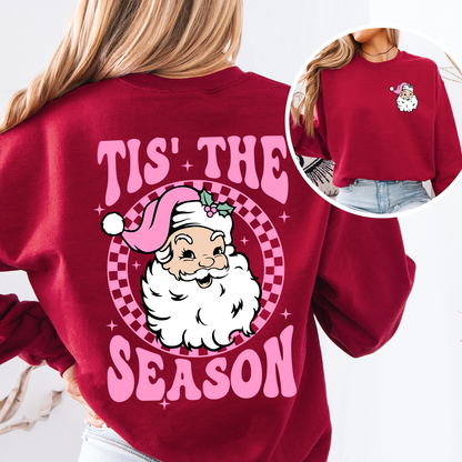 Tis The Season, Retro Santa, Pink, Checkered, Christmas, Front and Back Sweatshirt
