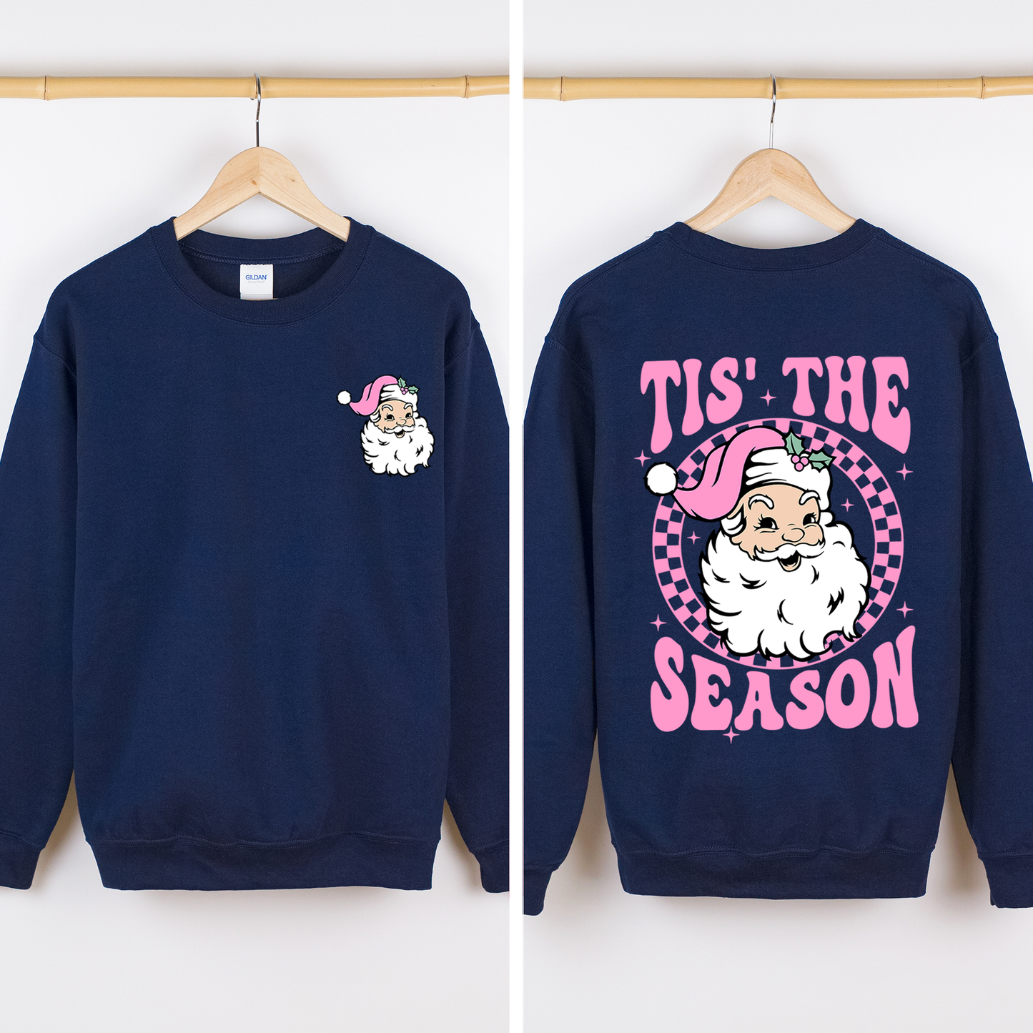 Tis The Season, Retro Santa, Pink, Checkered, Christmas, Front and Back Sweatshirt