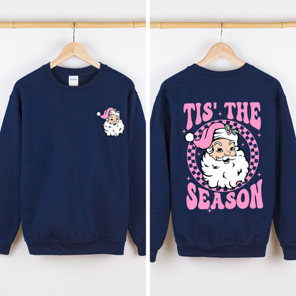 Tis The Season, Retro Santa, Pink, Checkered, Christmas, Front and Back Sweatshirt