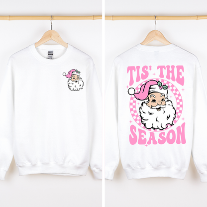 Tis The Season, Retro Santa, Pink, Checkered, Christmas, Front and Back Sweatshirt