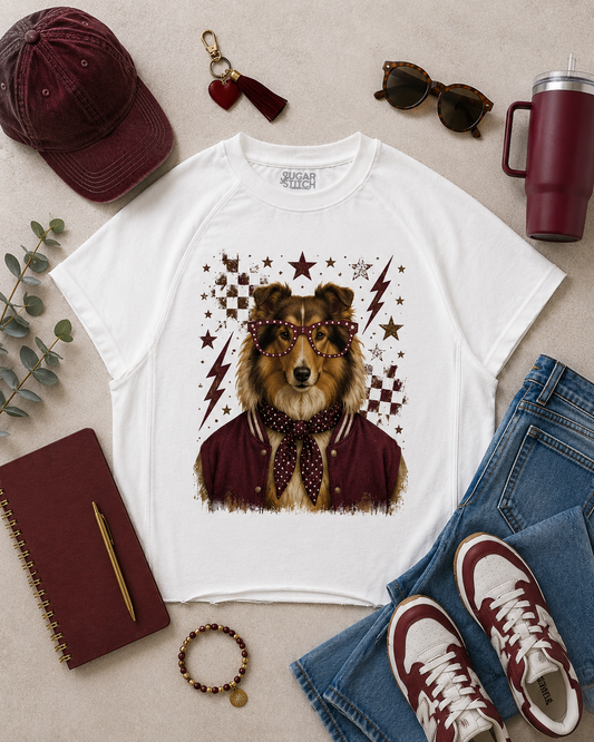 Varsity Specs Rhinestone Collie Spirit Graphic Edgy Shirt