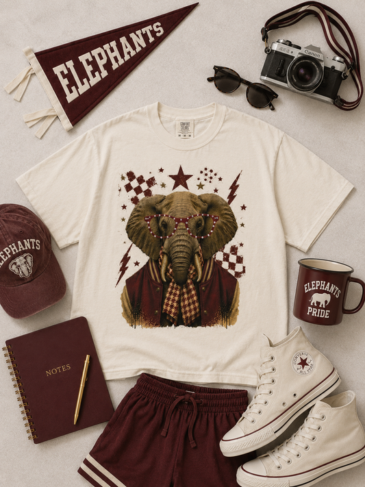 Varsity Specs Rhinestone Elephant Spirit Comfort Color Boxy Graphic T-Shirt