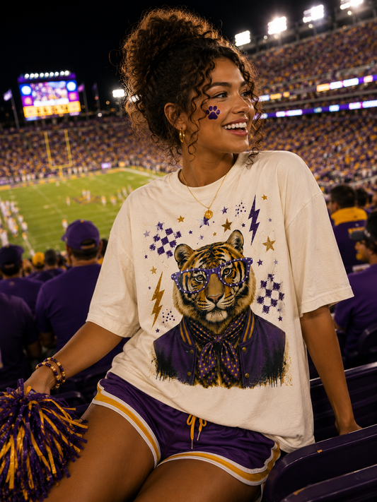 Varsity Specs Rhinestone Tiger Spirit Comfort Color Boxy Graphic T-Shirt