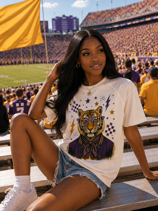 Varsity Specs Rhinestone Tiger Spirit Graphic Edgy Shirt