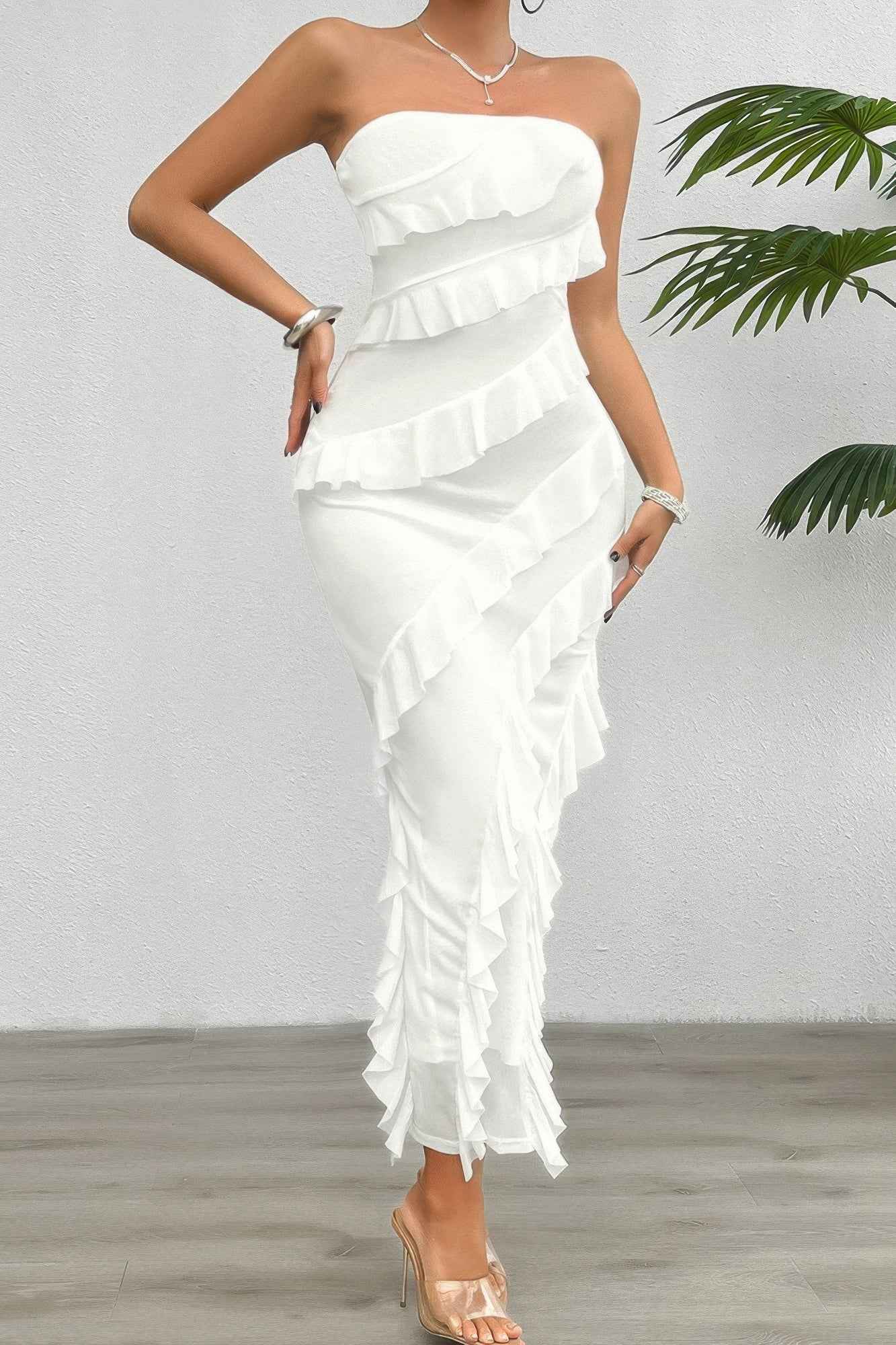 Solid Off Shoulder Ruffle Sleeveless Maxi Dress