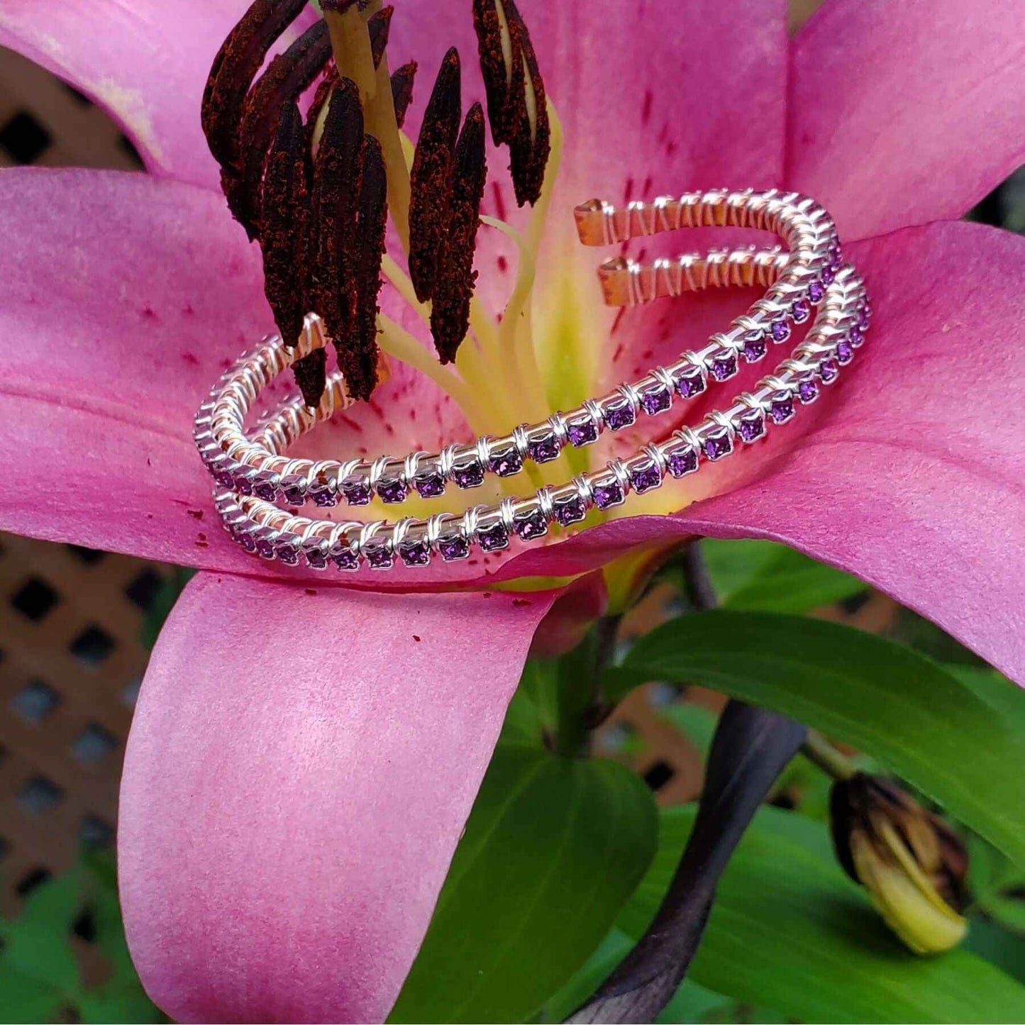 Wire Wrapped Amethyst Crystal Tennis Bracelet Bangle