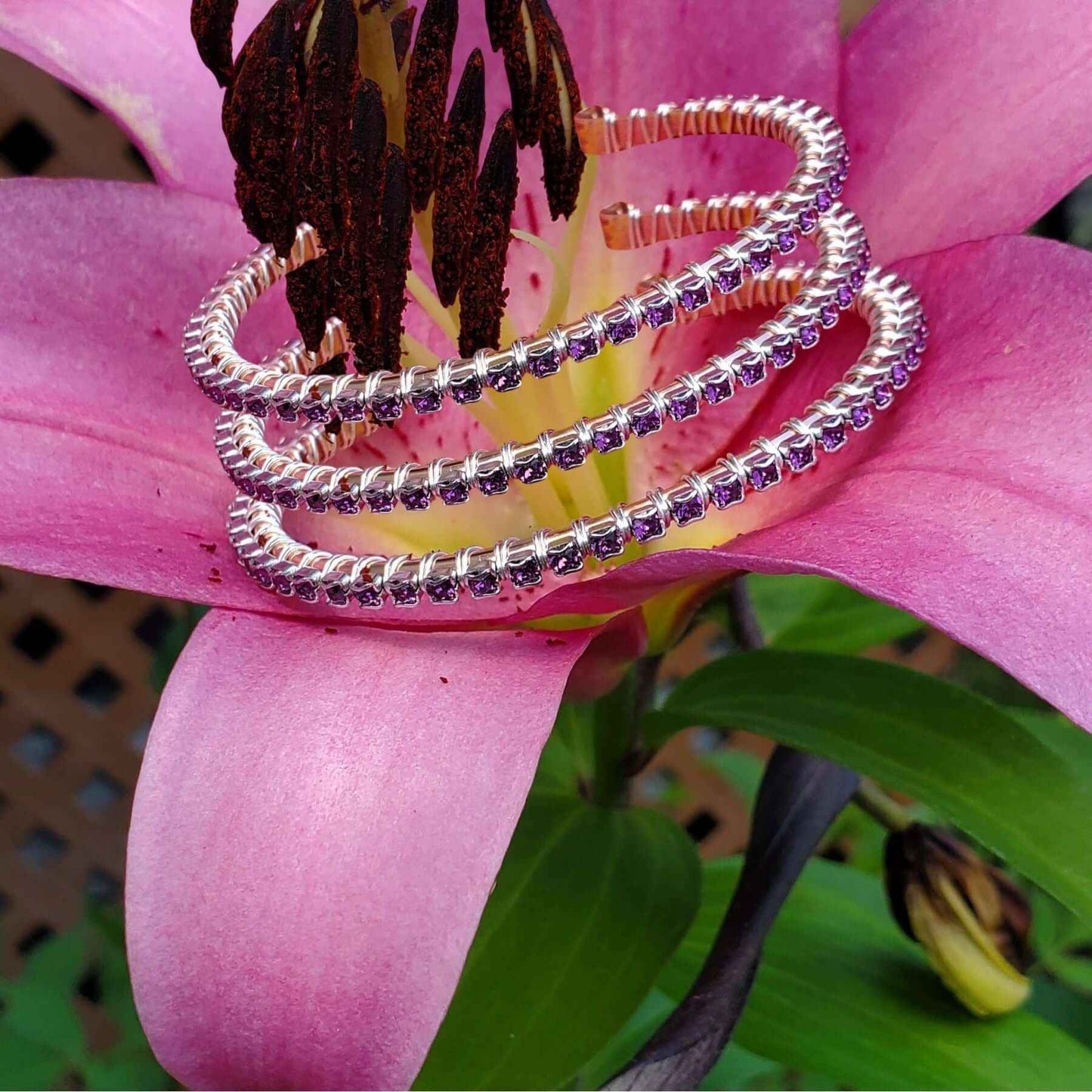 Wire Wrapped Amethyst Crystal Tennis Bracelet Bangle