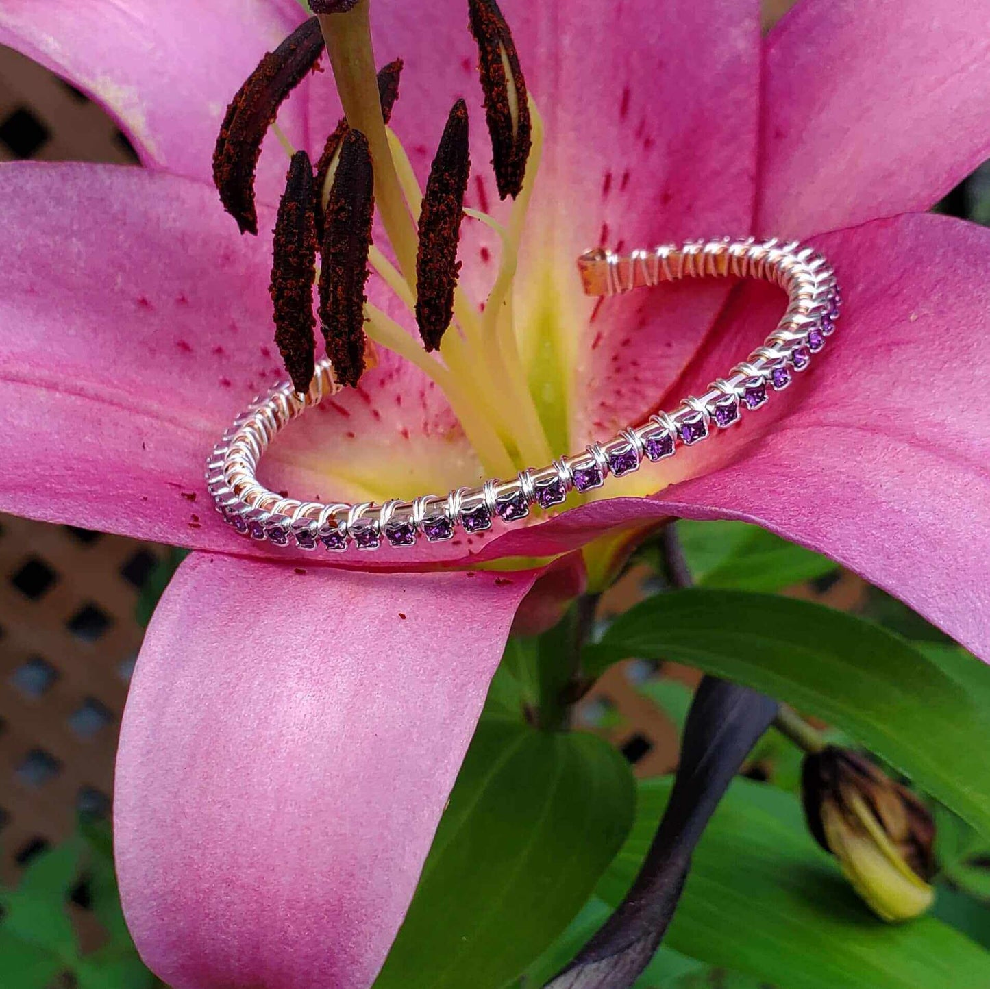 Wire Wrapped Amethyst Crystal Tennis Bracelet Bangle