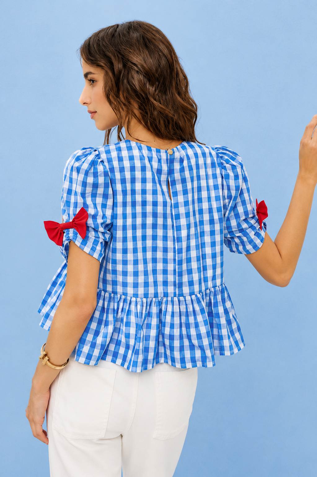 Blue 4th Of July Gingham Ribbon Detail Blouse by SO ME