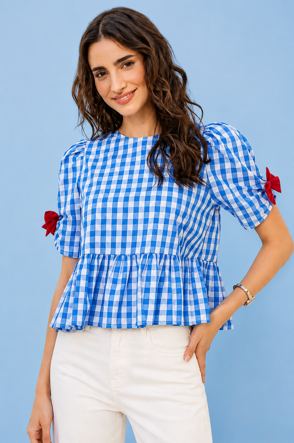 Blue 4th Of July Gingham Ribbon Detail Blouse by SO ME