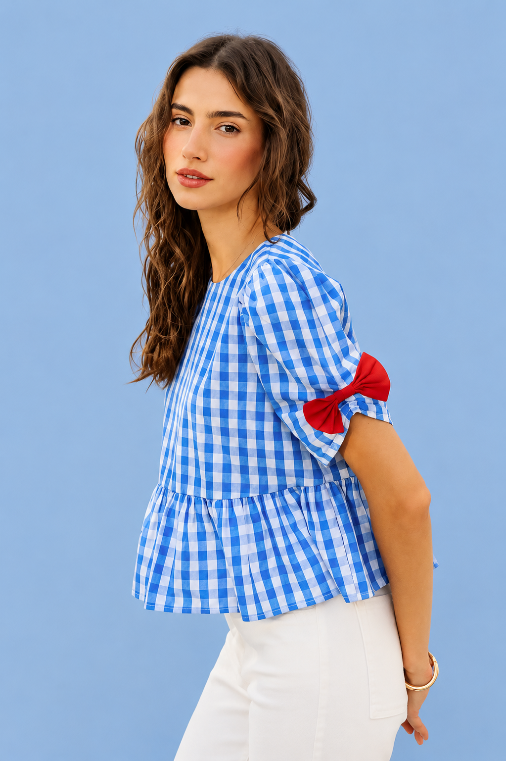 Blue 4th Of July Gingham Ribbon Detail Blouse by SO ME