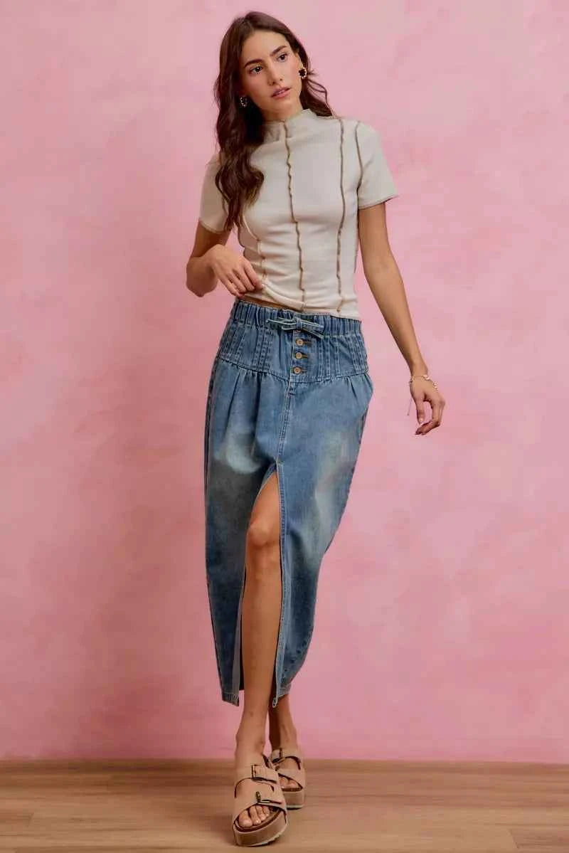 Denim Pleated High Waist Button Front Maxi Skirt With Front Slit by SO ME