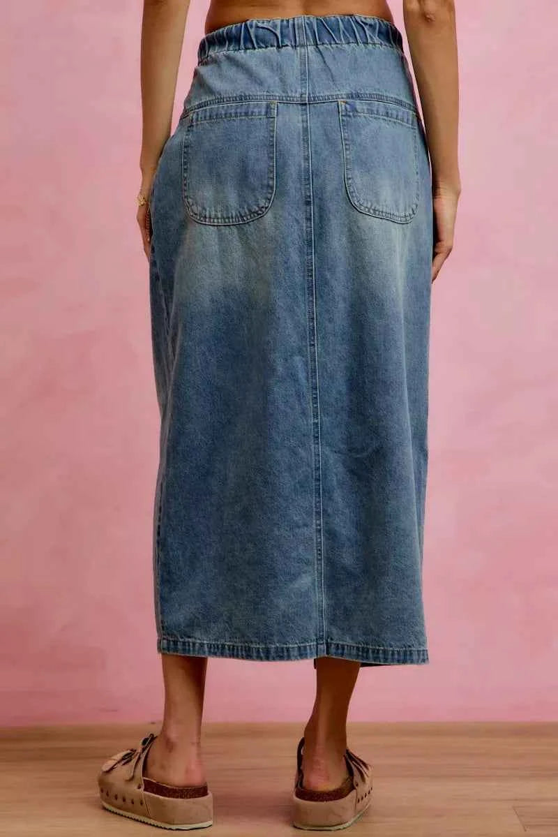 Denim Pleated High Waist Button Front Maxi Skirt With Front Slit by SO ME