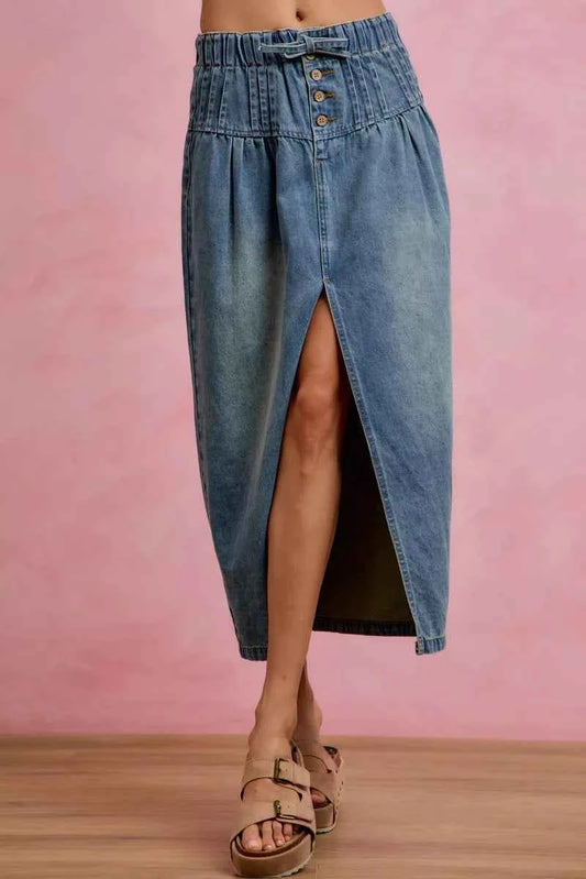 Denim Pleated High Waist Button Front Maxi Skirt With Front Slit by SO ME