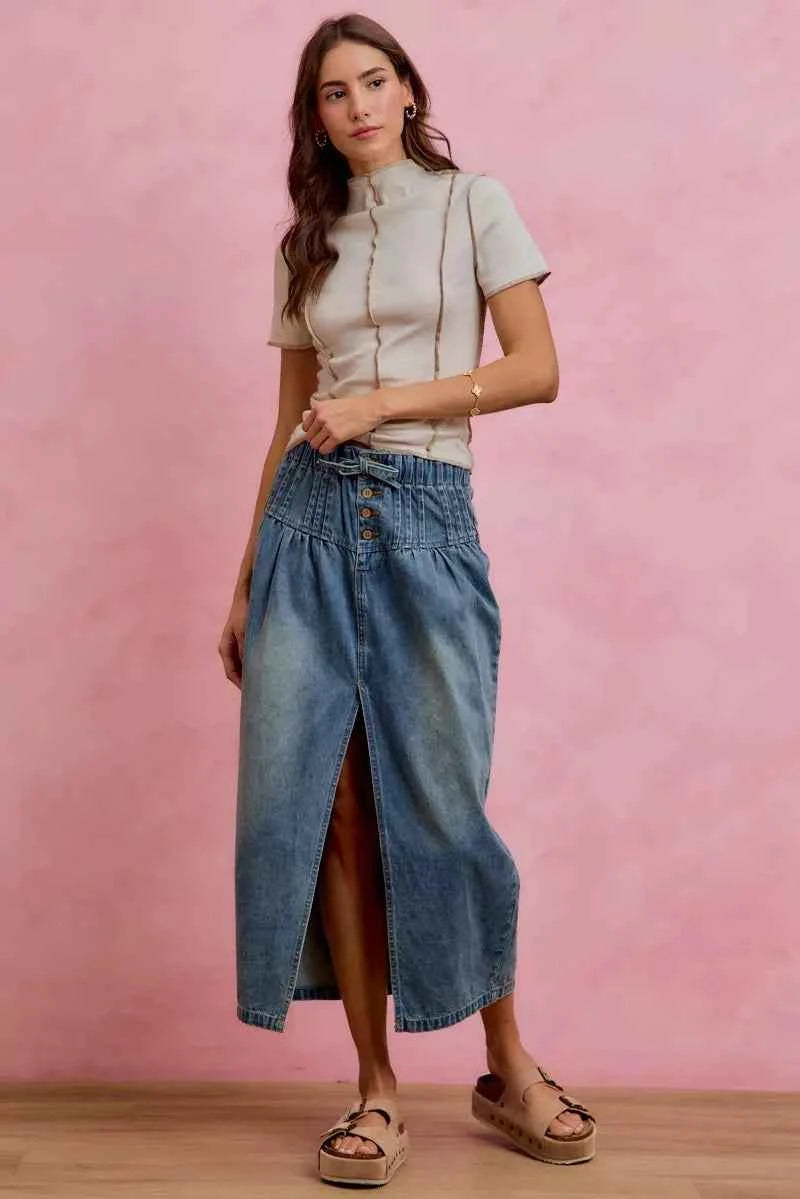 Denim Pleated High Waist Button Front Maxi Skirt With Front Slit by SO ME