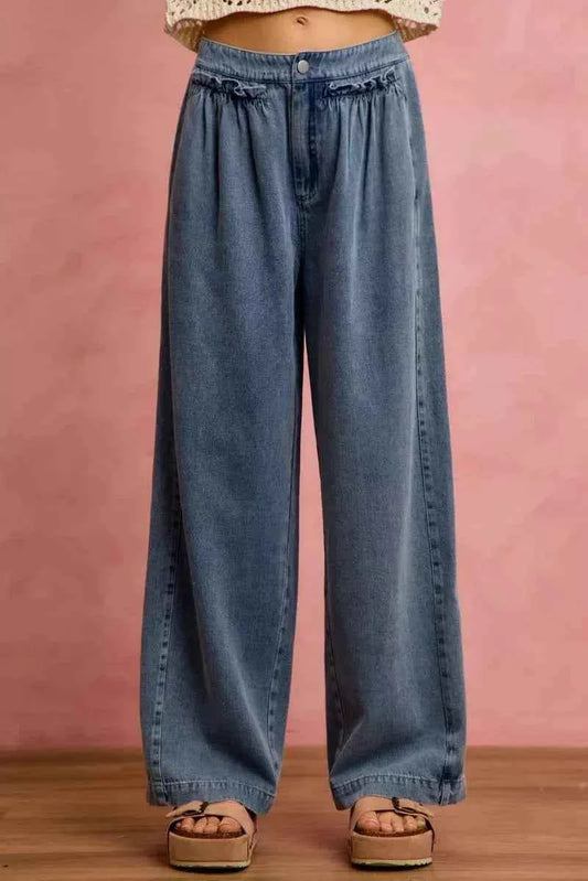 Mid Rise Ruffled Front Elastic Wide Leg Jeans by SO ME