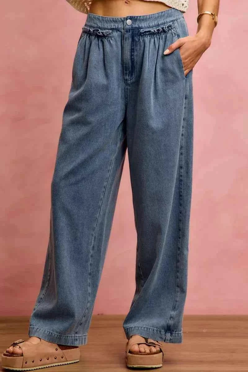 Mid Rise Ruffled Front Elastic Wide Leg Jeans by SO ME