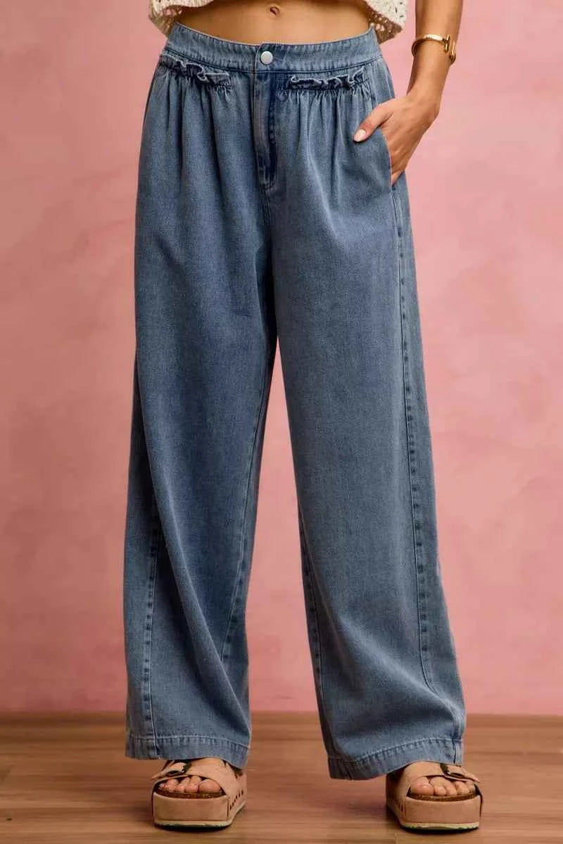 Mid Rise Ruffled Front Elastic Wide Leg Jeans by SO ME