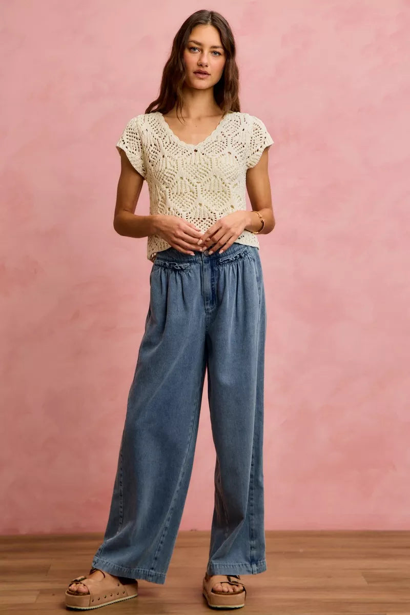 Mid Rise Ruffled Front Elastic Wide Leg Jeans by SO ME