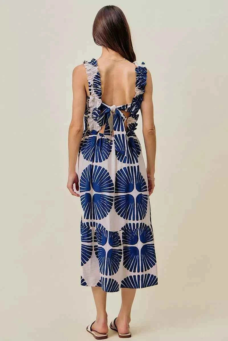 Navy Abstract Print Smocked Bodice Tiered Lined Midi Dress by SO ME