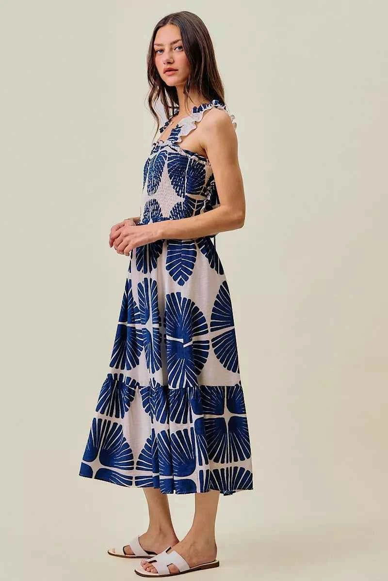 Navy Abstract Print Smocked Bodice Tiered Lined Midi Dress by SO ME
