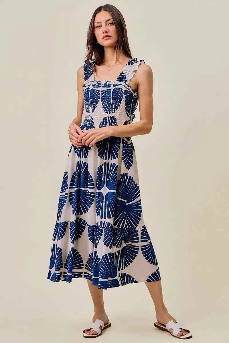 Navy Abstract Print Smocked Bodice Tiered Lined Midi Dress by SO ME