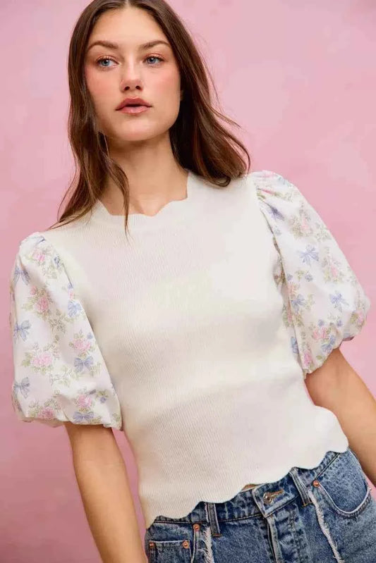 White Floral Contrast Sleeve Scallop Sweater Top by SO ME