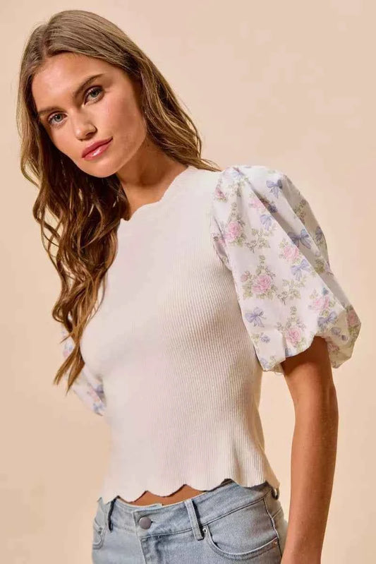 White Floral Contrast Sleeve Scallop Sweater Top by SO ME