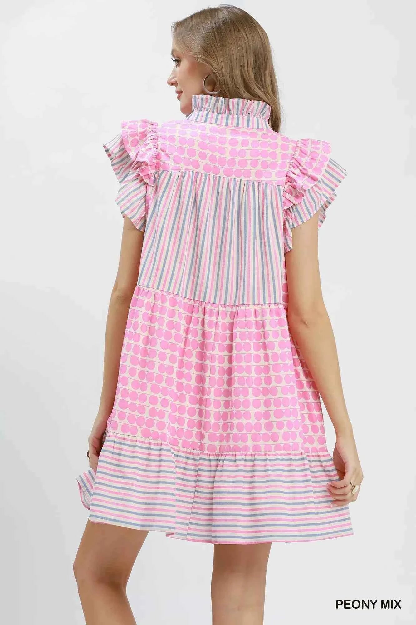 Peony Pink Patchwork Flutter Sleeve Tiered Dress by Umgee