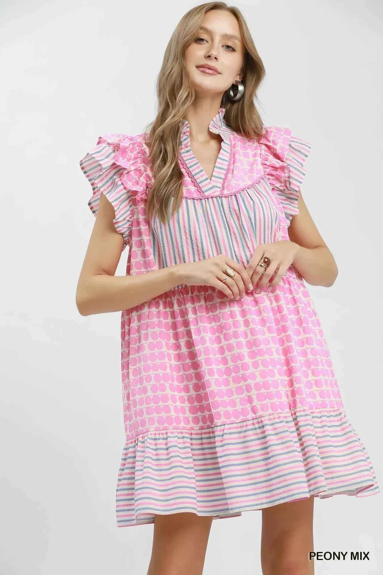 Peony Pink Patchwork Flutter Sleeve Tiered Dress by Umgee